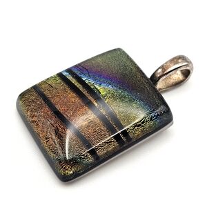 Multicolored shimmering Dichroic Glass artisan fused-glass square pendant Silver